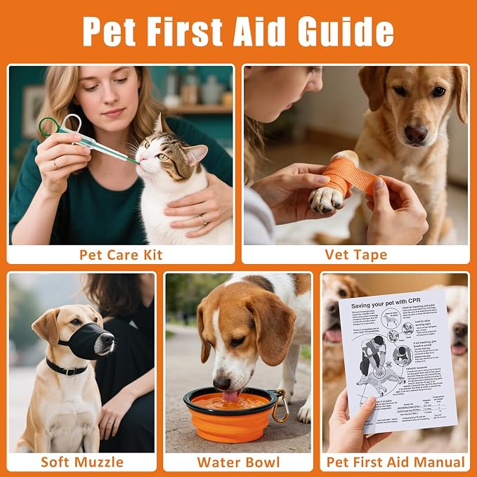 Pet First Aid Kit for Dogs - Pet Emergency Kit for Camping Hiking Traveling Hunting and Sports (Orange)