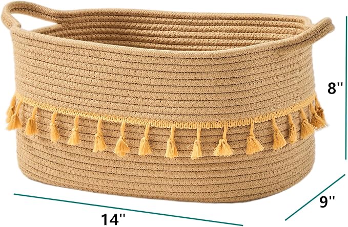 Storage Basket, Woven Baskets for Shelves, Brown Basket | 3 Pack Boho Cotton Rope Storage Baskets, 14" x 9" x 8", Home Organizer for Nursery, Holds Toys, Books & Towels