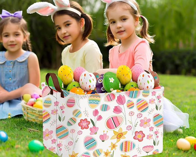 Large Rectangular Easter Baskets Empty Waterproof Boy Toy Box Foldable Kid's Gifts Storage Bin Spring Room Decor(Tulip Flower Egg)
