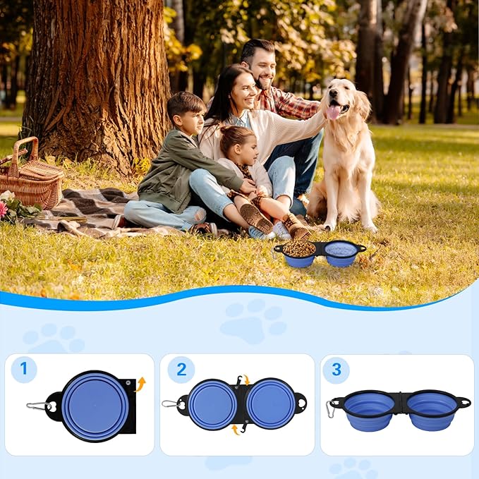 Collapsible Dog Dual Bowls, 2-in-1 with Locking Clip for More Stability 180 Degree Flip Portable Dog Travel Bowl for Water and Food Pet Food Drinker (Light Purple)
