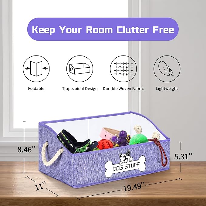Dog Toy Basket, Storage Bin, Collapsible Box for Pet Accessories | Fabric Container With Handle, Trapezoid Holder for Small Medium dogs, Organizer for Living Room, Purple