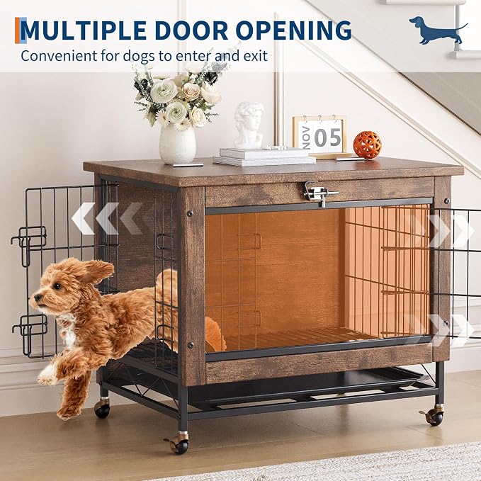 Rustic Brown with Dog Crate Furniture with Wheels, Easy Mobility & Secure Placement, Dual Doors & Top-Opening Access, Cleaning & Comfort, Multi-Functional & Space-Saving Design