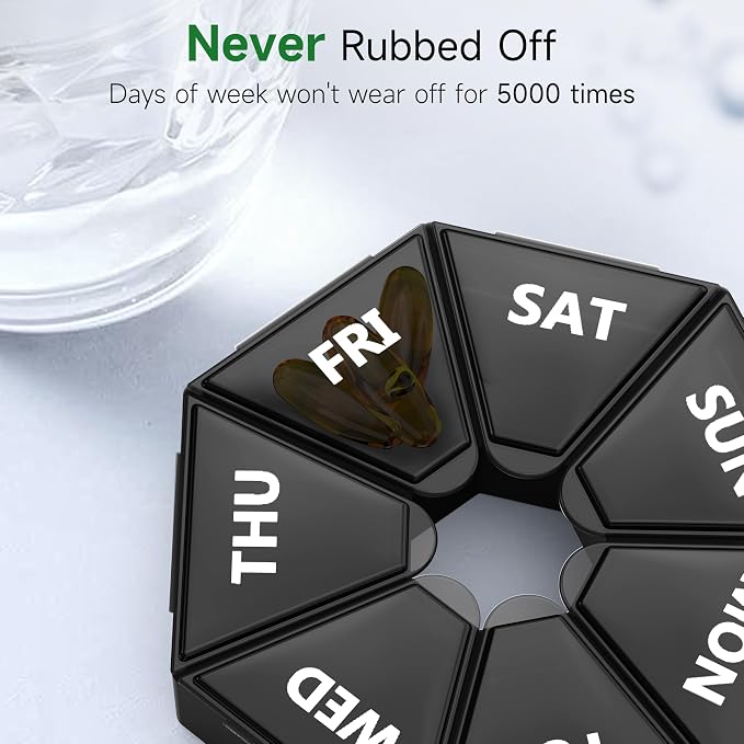 Weekly Pill Organizer, 2 Pack Portable Travel Pill Box, 7 Day Pill Case | Easy Open, BPA-Free, Arthritis Friendly Medicine Pill Container, Medicine Case for Vitamins,Supplements Medications, Black
