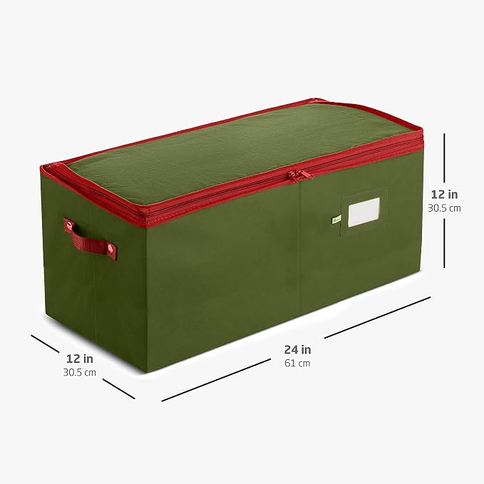 ZOBER Large Christmas Ornament Storage Box - Stores 54 4" Large Ornaments, With Dividers - Ornament Organizer Storage Box, Durable Christmas Containers Holder, Dual Zipper - Green