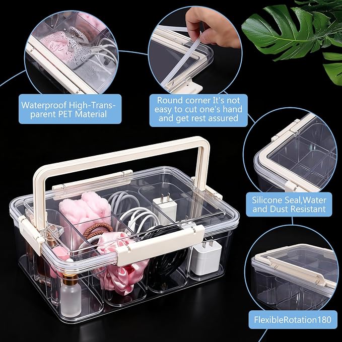 Large Cable Storage Box with Lid Clear Power Cords Organizer 4 Adjustable Dividers Case Desktop Cable Management Box for Home Office Phone Charger Art Crafts Stationery (Yellow)
