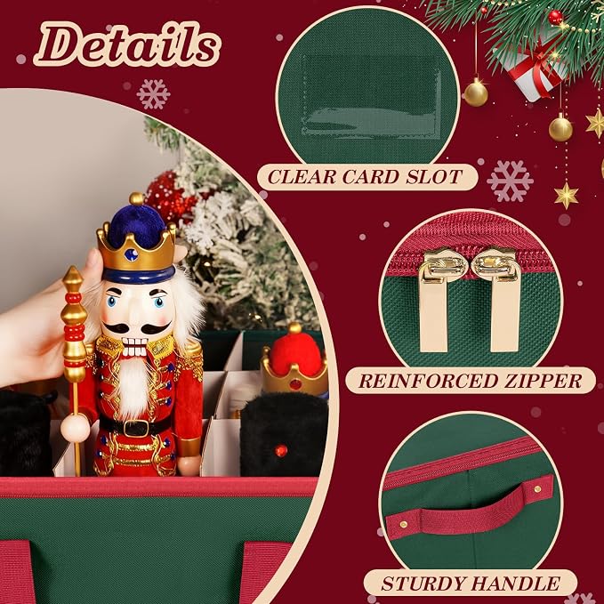 Christmas Nutcracker and Figurine Collectible Storage Box Stores Up to 9 16" Nutcrackers Holiday Ornaments Storage Box with Adjustable Dividers Zippered Top Xmas Decorations Storage Containers