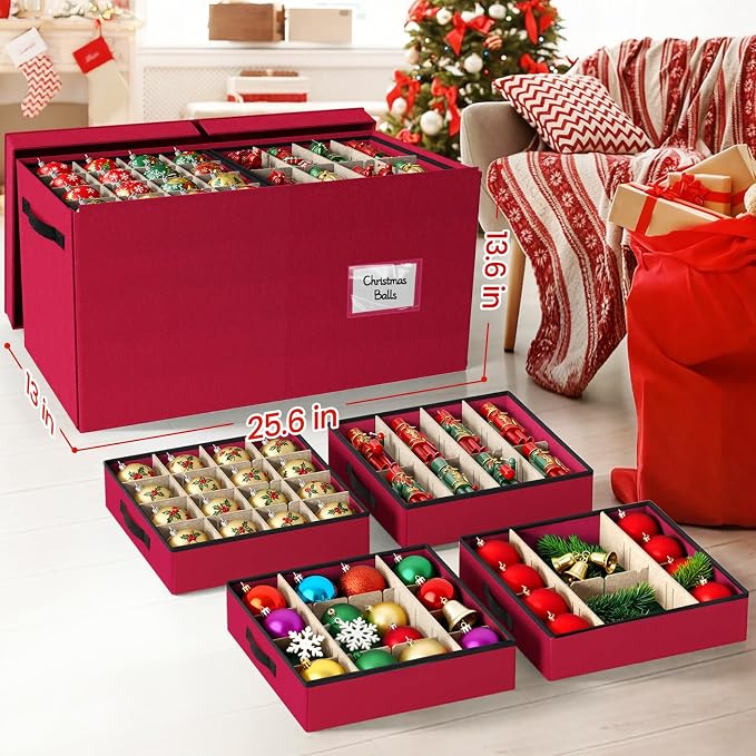 StorageRight Christmas Ornament Storage Box - Ultra Large Drawer Ornament Organizer with 8 Separate Trays & Adjustable Dividers, Portable Ornaments Box with Cover & Handle for Holiday Decorations(Red)