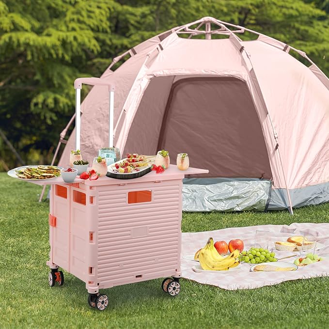 FELICON SELORSS Folding Utility Cart Portable Rolling Crate Handcart-Pink | Magnetic Sliding Lid,Telescoping Handle,Plastic Box Dolly,360°Swivel Wheels for Travel Shop Move Laundry Office Teacher Use