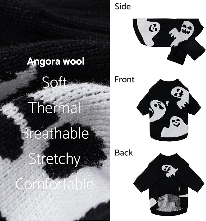 Fitwarm Halloween Ghost Dog Sweater, Funny Costumes for Dogs, Pet Apparel, Black, White, Large
