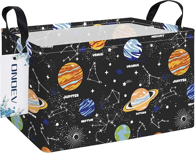 Rectangular Solar System Planet Storage Bin, Closet Organizer Basket | Moisture repellent textile, reinforced carry grips, collapsible holder tidies cabinet and teenage bedroom belongings