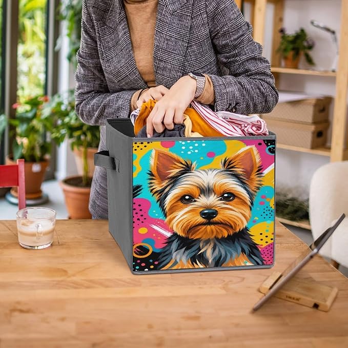 Yorkie Dog Art Storage Bin with Handles, Oxford Fabric Foldable Storage Cube Organizer for Clothes, Towels, Bedroom, Living Room, Home Organization