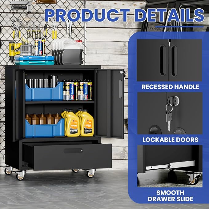 Metal Rolling Tool Storage Cabinet with 2 Locking Doors and 1 Drawer,Black | Heavy Duty Mobile Tool Cabinets for Garage,Metal Storage Cabinets with Wheels,Assembly Required