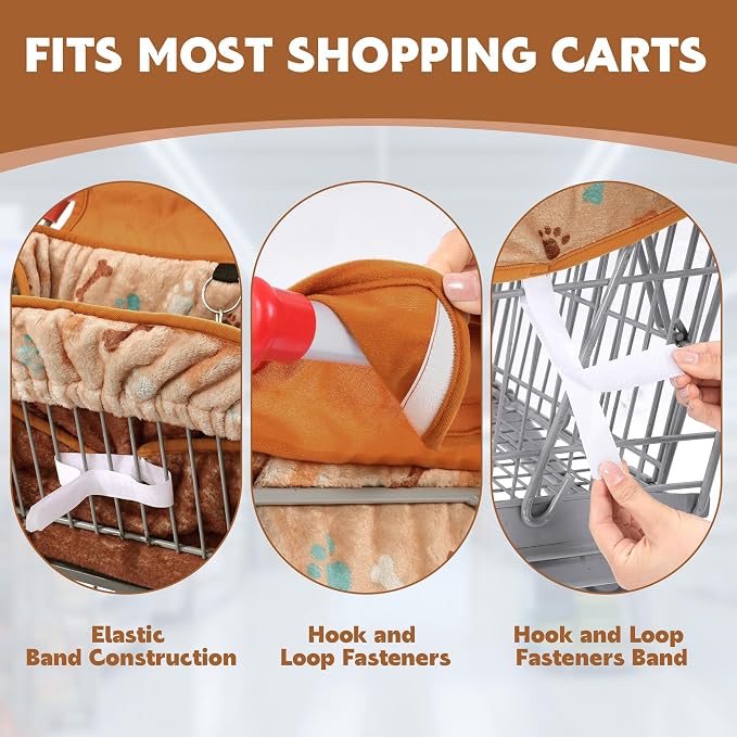 Soft Velvet Shopping Cart Cover for Dogs, Plush Pets Grocery Cart Cover with Safety Ropes, Portable and Easy-on Stretch Design for Shopping Carts with Carry Bag(Orange Print)