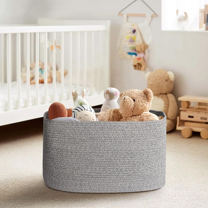 75L Large Storage Basket, 22”x17”x12” Blanket Storage for Living Room, Rectangle Woven Kids Toy Bin Box, Baby Laundry Basket, Cotton Rope Bin for Shoes Towels Stuffed Animals, Gray