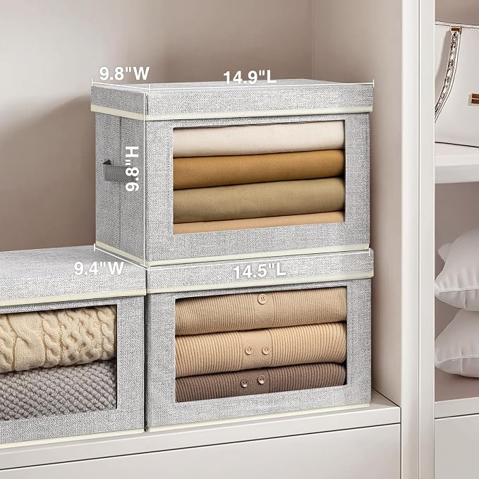 Storage Baskets with Lids, 4 Pack Large Box Organizer with Window, Fabric Storage Cubes Bins for Closet, Collapsible Organizer Bins for Bedroom, Living Room, Dorm, Blended