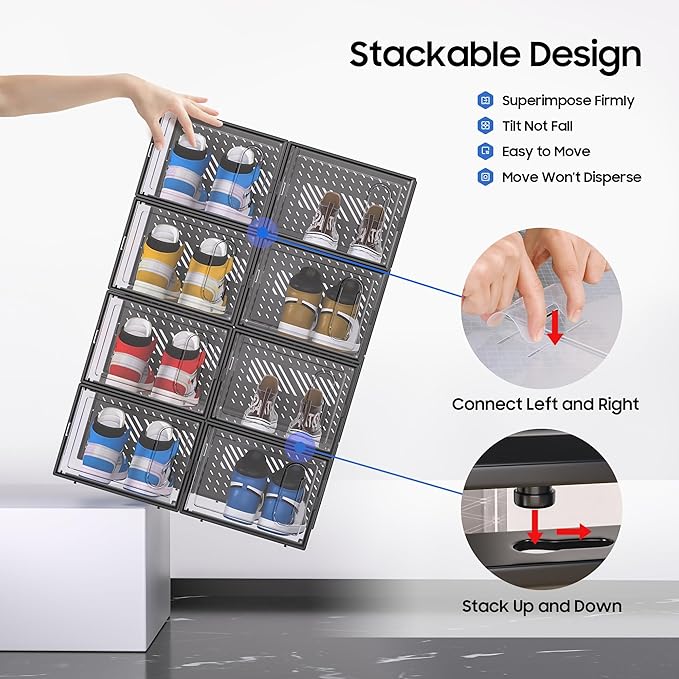 X-Large Shoe Boxes with Magnetic Door, 12-Pack Stackable Shoes Storage Organizer for Closet, Clear Plastic Sneaker Container Shoe Rack for Size 12, Black