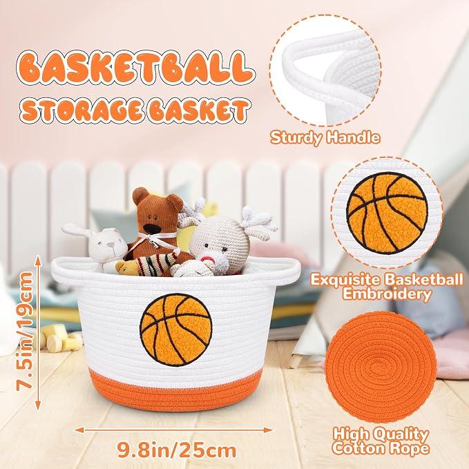 Basketball Storage Basket, Woven Basket with Handle Small Laundry Basket Organizer for Baby Shower, Blanket, Shelf, Cat Dog Toy Organizer, Gifts Empty, 9"x7" Baskets for Organizing