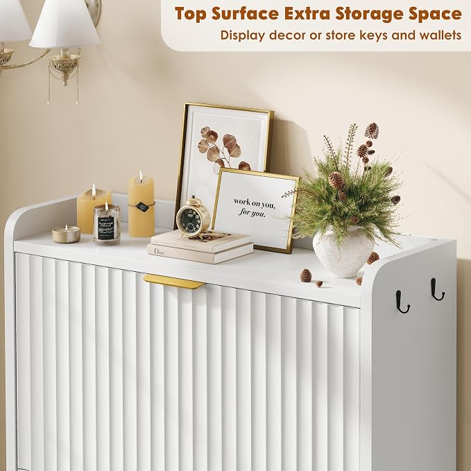 Shoe Storage Cabinet for Entryway with 2 Flip Drawers,Fluted Door | Shoe Organizer Cabinet with Adjustable & Removable Shelves,Narrow Shoe Cabinet for Foyer, Hallway, Living Room, 2 Hooks,White