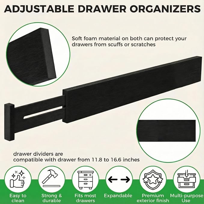 4 Pack Bamboo Drawer Dividers 2.6" High, Adjustable from 12 Inch to 17 Inch | Expandable Kitchen Drawer Organizer Separators for Clothes, Kitchen, Bedroom, Dresser, Office (Black)