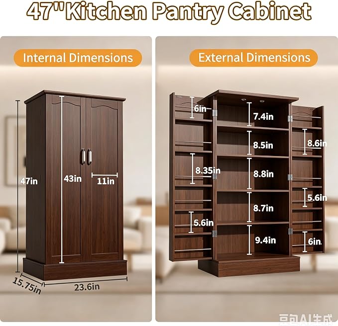 Saudism 47" Dog Food Storage Cabinet with Doors and Adjustable Shelves | Freestanding Pet Storage Container Organizer for Living Room and Dinning Room, Walnut