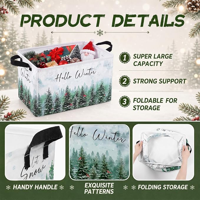 4 Pcs Christmas Storage Basket for Gifts Empty Large Christmas Forest Elk Storage Bins 15 x 10 x 8 Fabric Laundry Baskets with Handle Winter Wonderland Collapsible Organizer Boxes for Toy Book