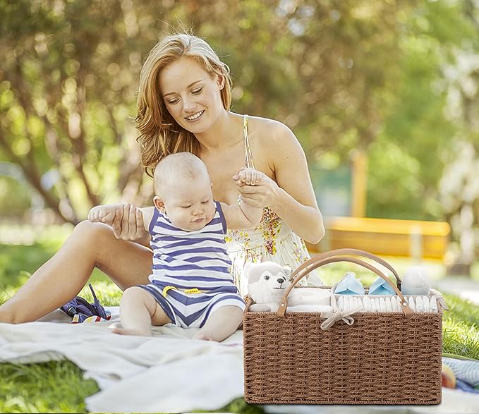 HBlife Large Baby Diaper Caddy Organizer, Paper Rope Storage Baskets Nursery Bin with Removable Divider, Portable Car Organizer for Diapers, Baby Shower Gifts, Newborn Essentials Must Haves