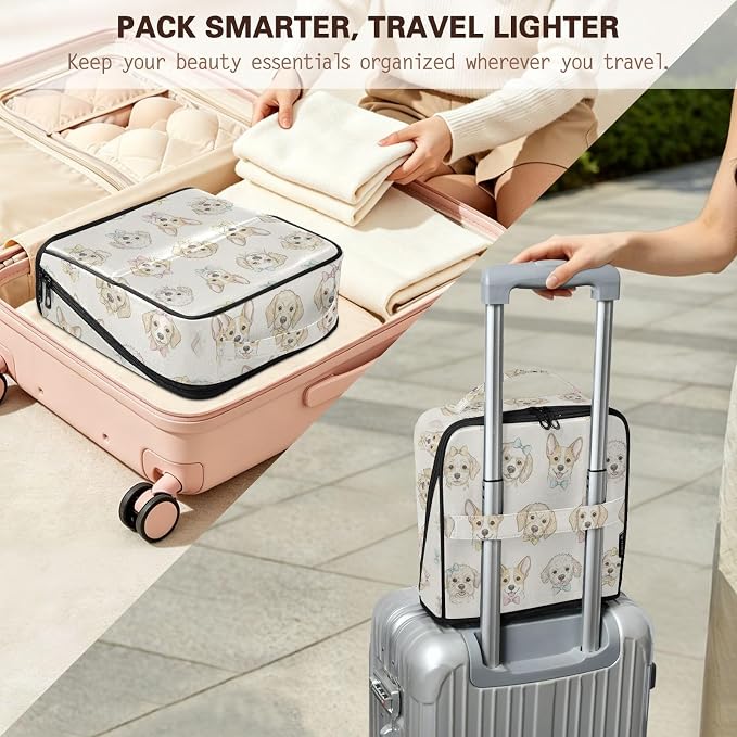 Pets Dogs Travel Makeup Bag Large Cosmetic Pouch Organizer | Toiletry Bag with Adjustable Dividers, Padded Protection, Luggage Strap, Multiple Pockets for Women Travel Essentials
