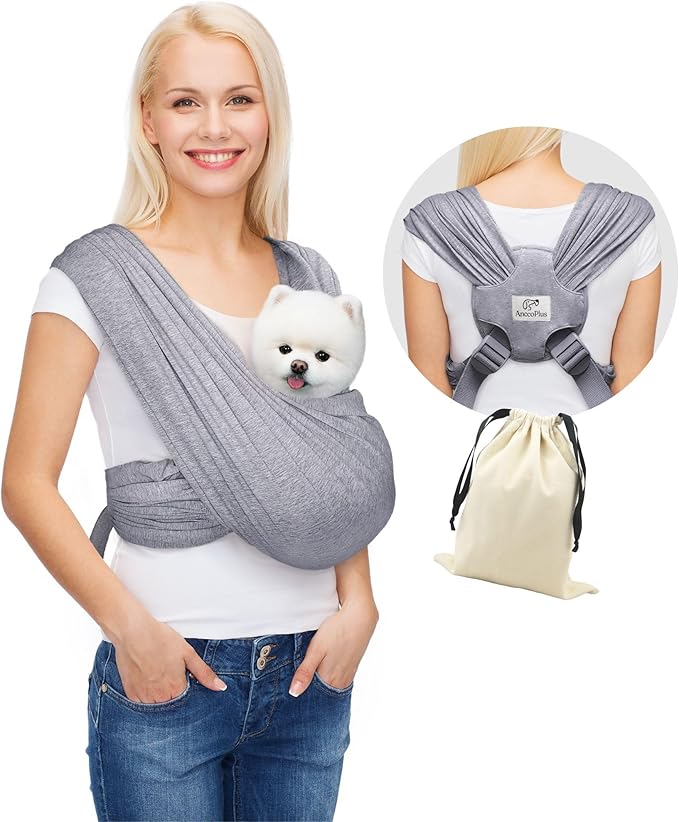 AnccoPlus Small Dog Sling Carrier, Hands-Free, Heather Gray, Regular | Patented Front Carrier Reduces Back and Neck Strain; Adjustable, Soft Cotton, 3D Air Mesh for Puppies & Cats up to 20 lb