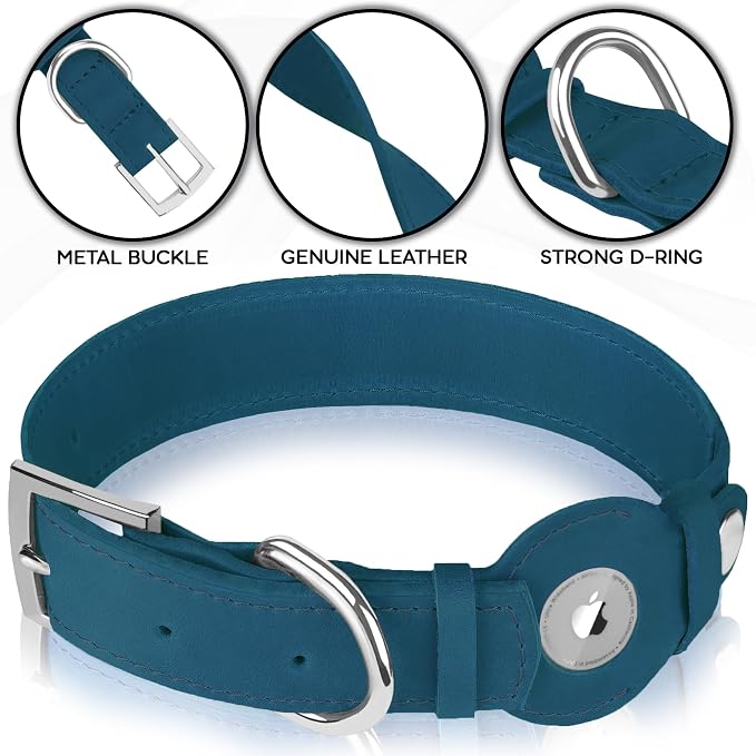 Leather Dog Collar with Airtag Holder - Apple Air Tag Dog Collars - Soft Tracking GPS Pet Collar for Small Medium Large Dogs Breed Puppy (Smoky Blue, XL, 19"-24" Neck Fit)
