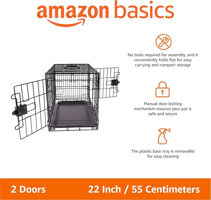 Amazon Basics Portable, Foldable Metal Wire Dog Crate with Removable Tray, Double Door, Divider Panel, Easy to Assemble, 22 x 13 x 16 in, Black