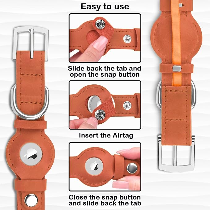 Leather Dog Collar with Airtag Holder - Apple Air Tag Dog Collars - Soft Tracking GPS Pet Collar for Small Medium Large Dogs Breed Puppy (Tawny, L, 15"-19" Neck Fit)