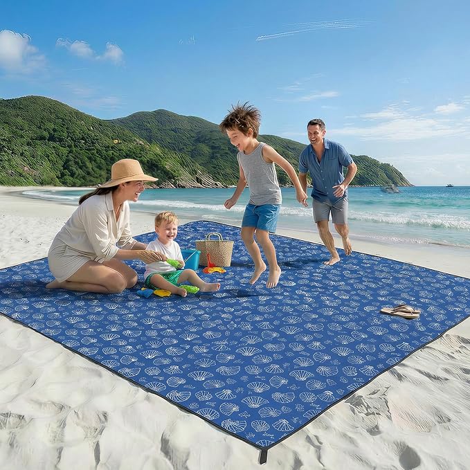OIGAE Beach Blanket Waterproof Sandproof Oversized Beach Mat | Picnic Mat with Stakes, Storage Bag - Essentials for Outdoor Beach, Picnic,Quick-Dry Lightweight,Windproof Pockets