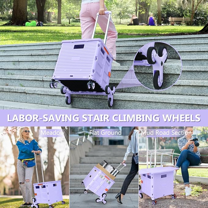 Foldable Utility Cart with Stair Climbing Wheels,Collapsible Rolling Crate with Magnetic Lid Telescopic Cover,Telescoping Handle,360° Rotate Wheel Hand Cart for teacher Shopping Moving Grocery(Purple)