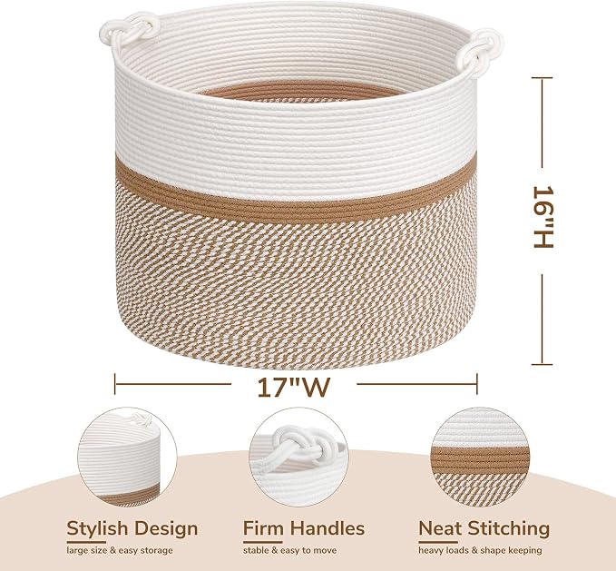 Goodpick 17"x16" Toy Storage for Kids, Home Décor Living Room, Woven Laundry Basket for Blankets Pillows Clothes, Baby Basket for Fall Decorations, White & Camel