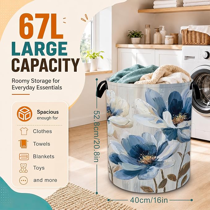 Blue Flower Laundry Basket,Flower on Marble Foldable Oxford Laundry Hamper with Handles,Collapsible Clothes Storage Basket for Bedroom,Bathroom,or Laundry Room,20.8 x 16 Inches