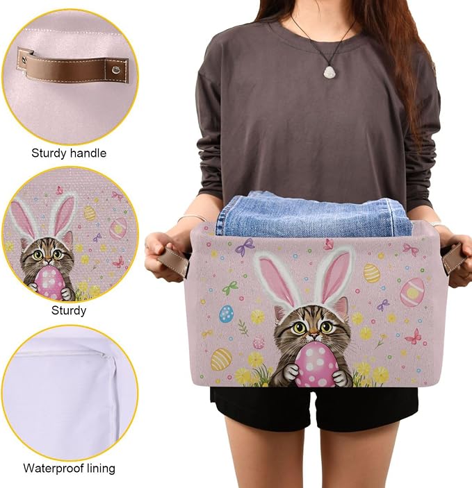 Pink Easter Bunny Rabbit Storage Basket with Waterproof Liner and PU Handles Happy Easter Day Eggs Lily Flowers Storage Bins Boxes 14.2" Collapsible Decorative Organizer Baskets for Closet 1 Pack