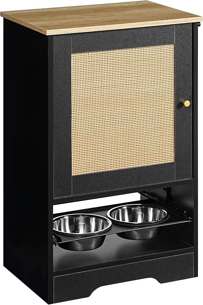 Modern Pet Feeding Station with Storage, Elevated Dog Feeder with 2 Stainless Steel Bowls, Hidden Slide Out Feeder Cabinet, Side Hooks, Anti Tip Kit, Dog, Cat Food Organizer (Black + Retro)