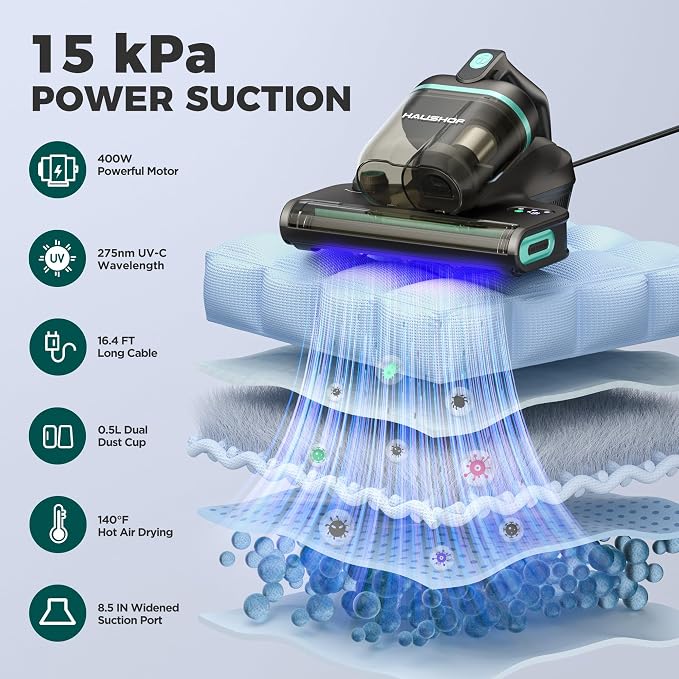 HAUSHOF Mattress Vacuum Cleaner, 15Kpa Bed Vacuum Cleaner | 275nm UV-C Light, 140°F Heat, Aromatherapy, HEPA Filter, Dual Dust Cups, Versatile Handheld Vacuums for Bed, Sofa, Couch