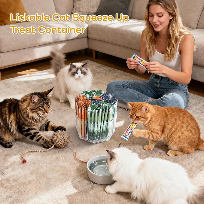 Lickable Cat Treats Organizer, Lazy susan Acrylic Squeeze Up Cat Food Storage Container, Wet Cat Treats Storage for Kitchen Cabinet Pantry Shelf Countertop(Rhombus)