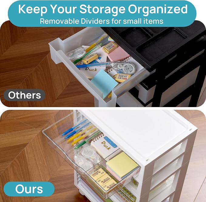 Vtopmart 4-Tier Plastic Drawer Storage Rolling Cart with Wheels | Clear Drawers, Multiple Size Storage, Visible Organization, Sturdy Design, Under Desk, Office, Makeup, Crafts & Art Storage