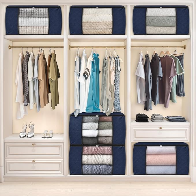 90L Clothes Storage, Foldable Thick Fabric Blanket Storage Bags | Foldable Containers with Zippers,Window and Handles for Organizing Bedroom, Closet, Comforter, Bedding,Dorm essentials
