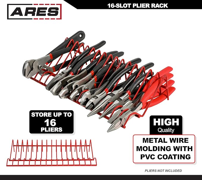 ARES 62003 Red 16-Slot Plier Rack - Tool Drawer Organizer | 3/4-In Slots Fit Most Pliers; PVC Coating Prevents Slippage