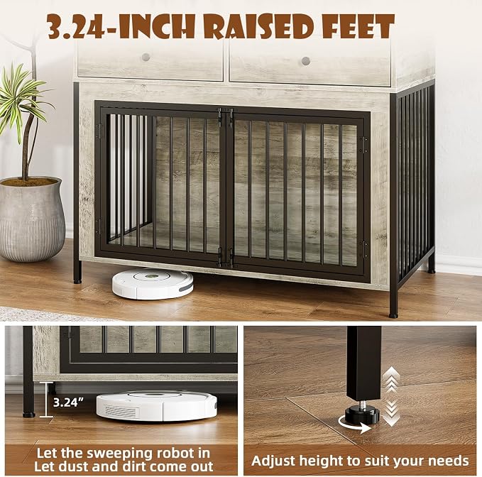 LEMBERI 44 Inch Large Dog Crate Furniture with Storage Drawers, Wooden Dog Kennel Furniture as TV Stand, Decorative Pet Cage Dog House Indoor for Dogs, Grey, 2 Pack
