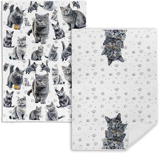 Russian Blue Cat Kitchen Towels, Cat Owner Gifts Dish Tea Towels, Cute Kitty Kitten Paws Decorative Hand Towel for Bathroom, 16x24 Inch Set of 2