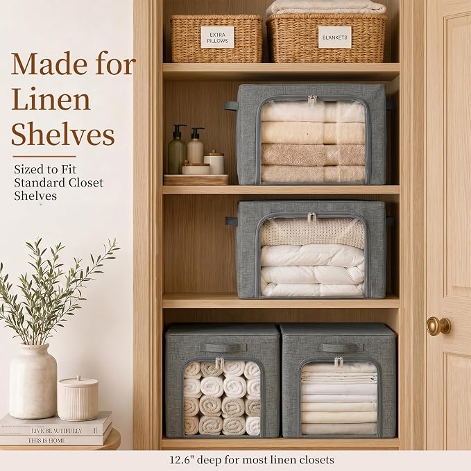 GoMaihe Clothes Storage Bins with Metal Frame for Sweaters, 40L 3-Pack Grey | Seasonal Clothes Hoodies Jeans, Closet Top Shelf Linen Closet Organizer, 3 Side Access Stackable Collapse-Proof, Clear Window