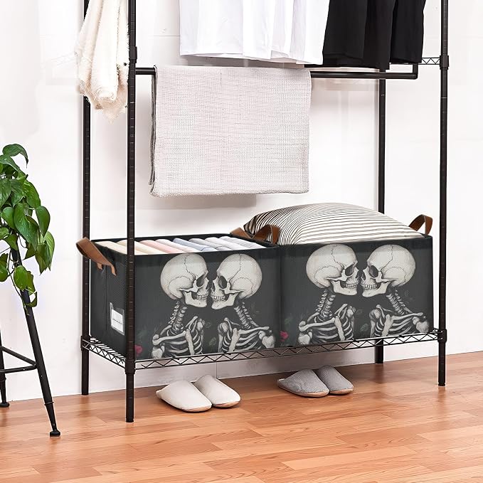 Romantic Skeleton Gothic Valentine's Day Storage Bins for Shelves with Labels&Handles Fabric Organizer Bin Foldable Rectangle Storage Basket Boxes for Closet, Bathroom, Home, Living Room, 2 Pack