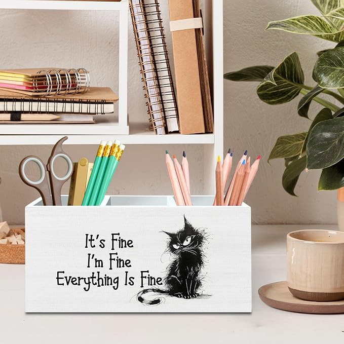 DILSJ Funny Black Cat Pen Pencil Holder Organizer for Desk, Cat Lovers Gifts, Funny Office Decor, It's Fine Everything Is Fine Wooden Box Signs for Office Workplace Desk Tabletop Decoration
