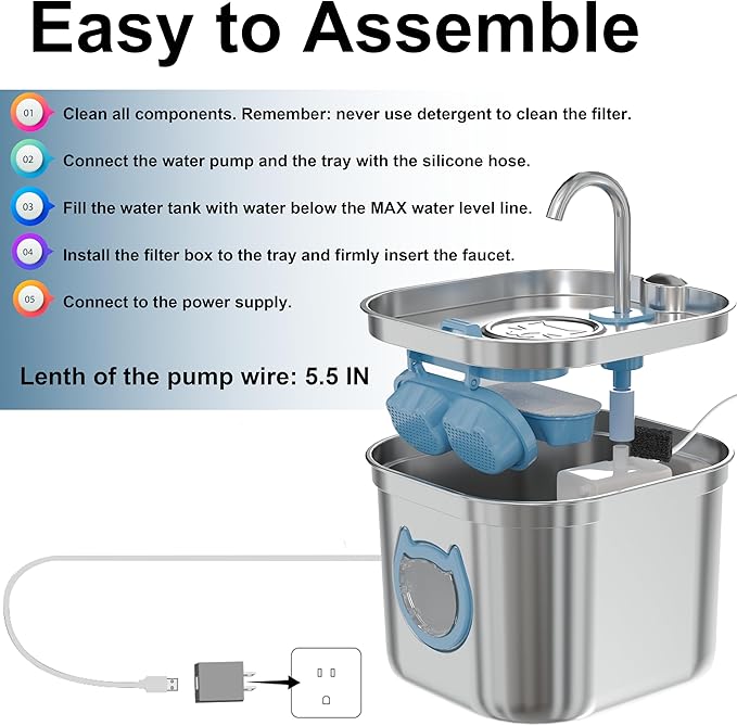 Homtyler Luxury Automatic Cat Water Fountain for Pets, 2.2L/74oz Stainless Steel Dog Water Dispenser with Filter, BPA Free & Silent, Featuring LED Light, Easy Clean & Cat View Window