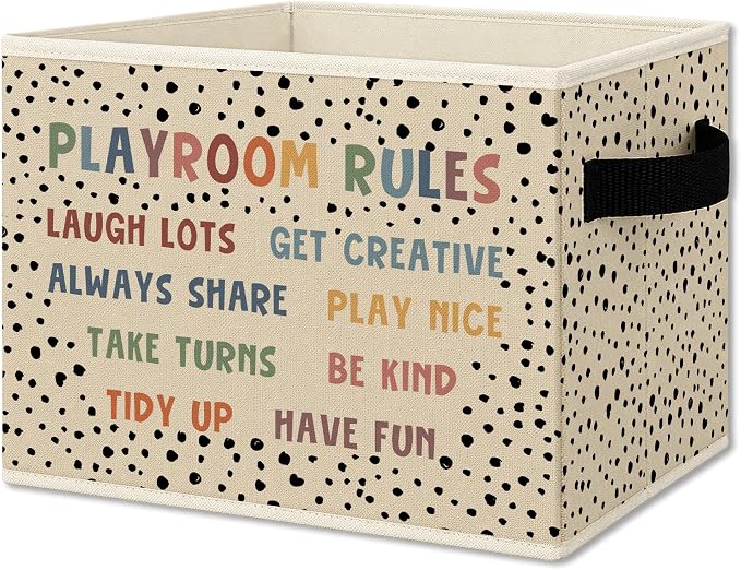Boho Nursery Playroom Cube Storage Bins with Handles, Playroom Rules Collapsible Fabric Storage Basket Boxes Books Clothes Organizer for Kids Boys Girls Room Bedroom Playroom Bathroom
