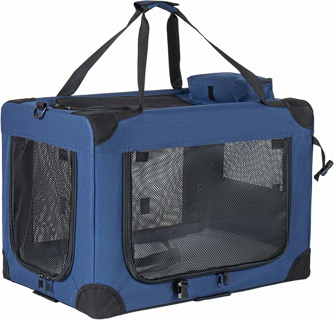 2 in 1 Rolling Dog Crate with Wheels, 24'' Collapsible Travel Pet Carrier for Medium Large Dogs, Portable Folding Kennel with 3-Door Design & Mesh Windows (Dark Blue + 40'')